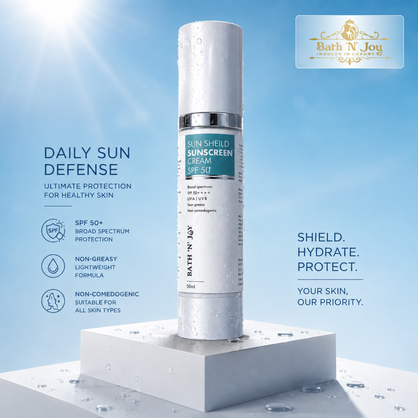 Bath 'N' Joy – Sun Shield Sunscreen Cream SPF 50+ | Broad Spectrum Protection, Lightweight Hydration & Daily Defense