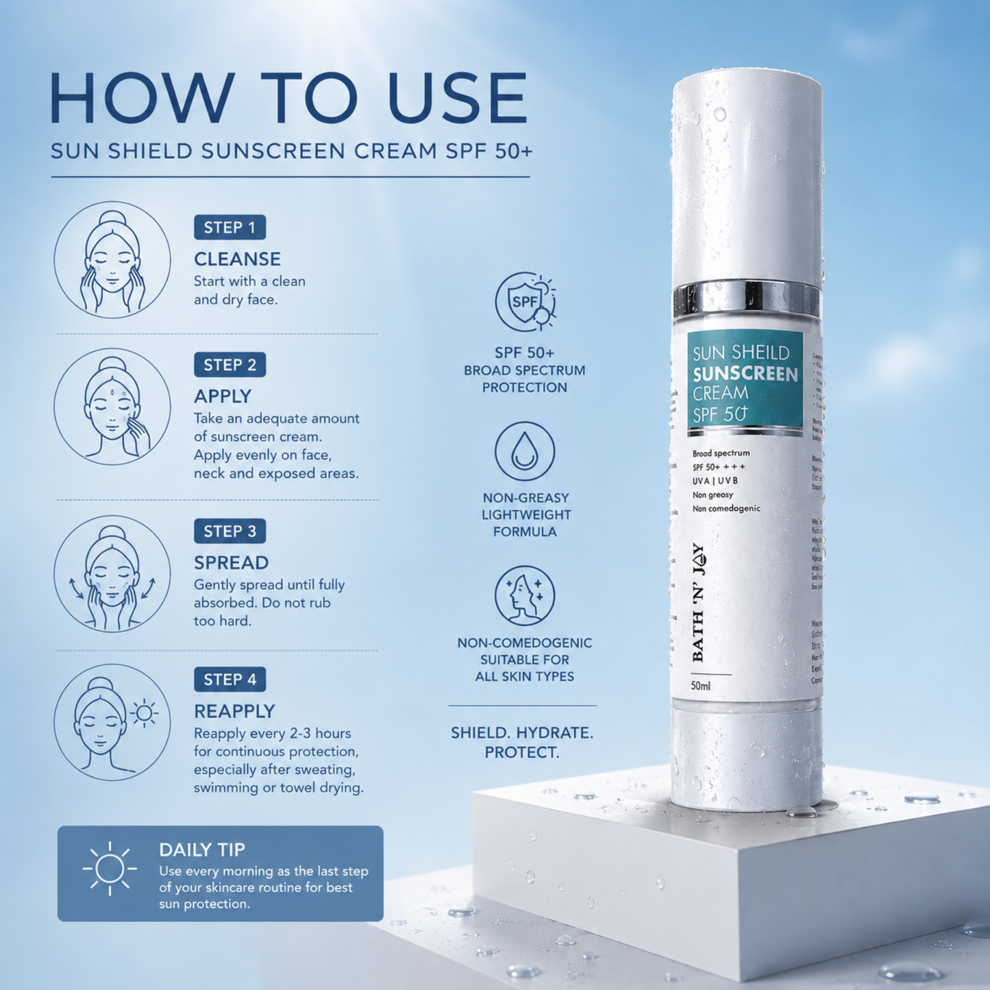 Bath 'N' Joy – Sun Shield Sunscreen Cream SPF 50+ | Broad Spectrum Protection, Lightweight Hydration & Daily Defense