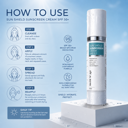 Bath 'N' Joy – Sun Shield Sunscreen Cream SPF 50+ | Broad Spectrum Protection, Lightweight Hydration & Daily Defense