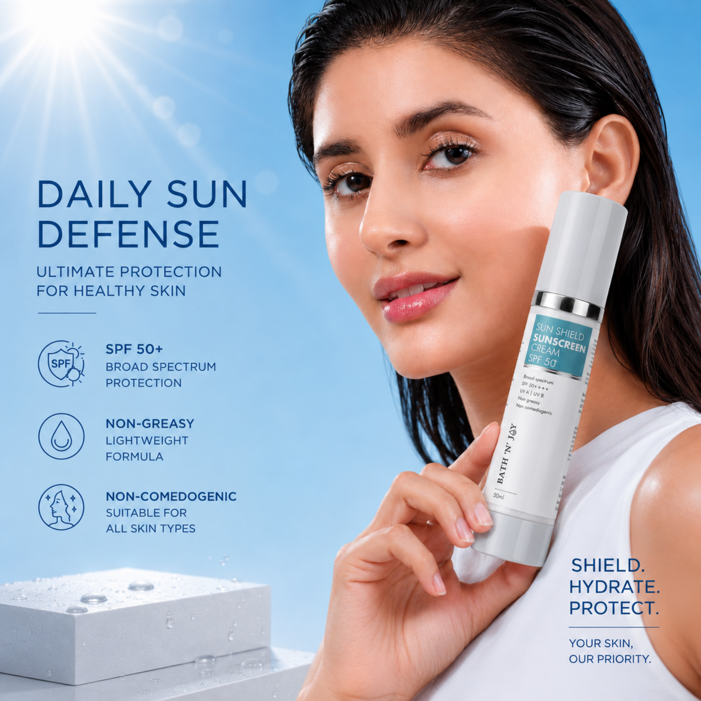 Bath 'N' Joy – Sun Shield Sunscreen Cream SPF 50+ | Broad Spectrum Protection, Lightweight Hydration & Daily Defense