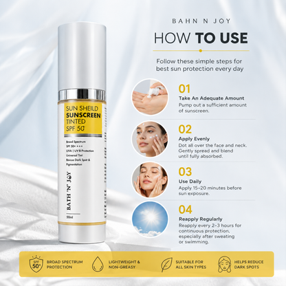 Bath 'N' Joy – Sun Shield Tinted Sunscreen SPF 50+ | Broad Spectrum Protection, Universal Tint & Daily Skin Defense