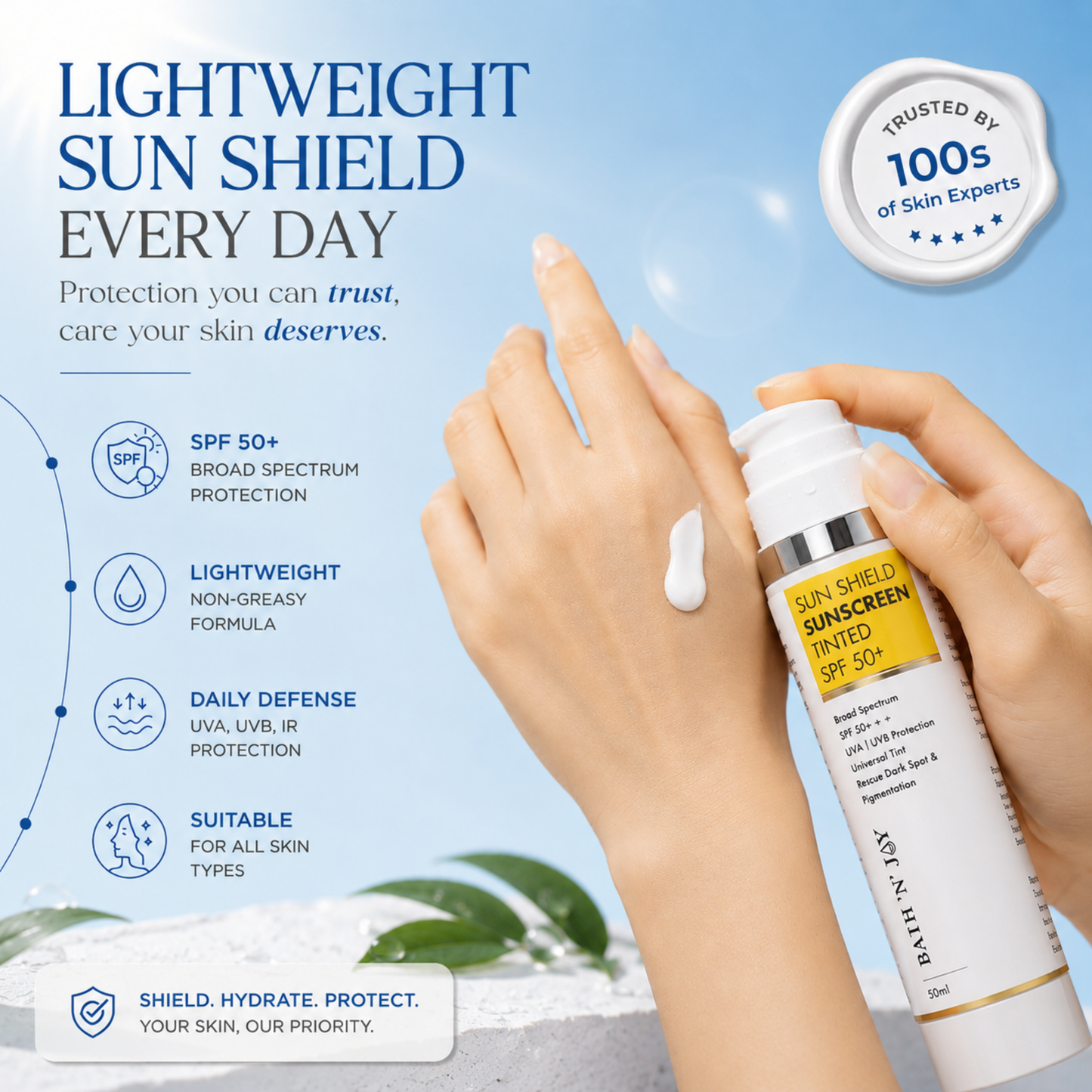 Bath 'N' Joy – Sun Shield Tinted Sunscreen SPF 50+ | Broad Spectrum Protection, Universal Tint & Daily Skin Defense