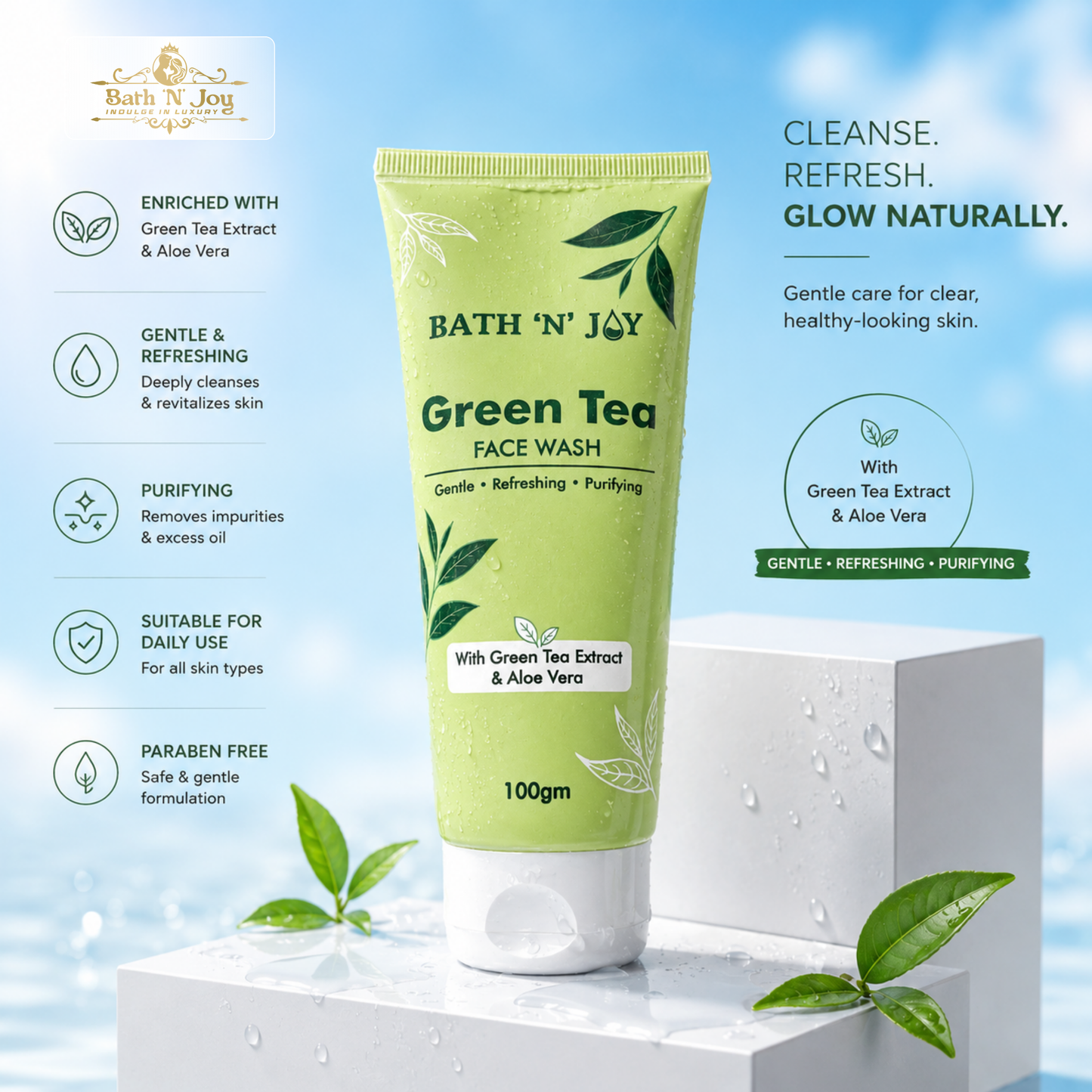 Bath 'N' Joy Green Tea Face Wash | Gentle Refreshing & Purifying Cleanser