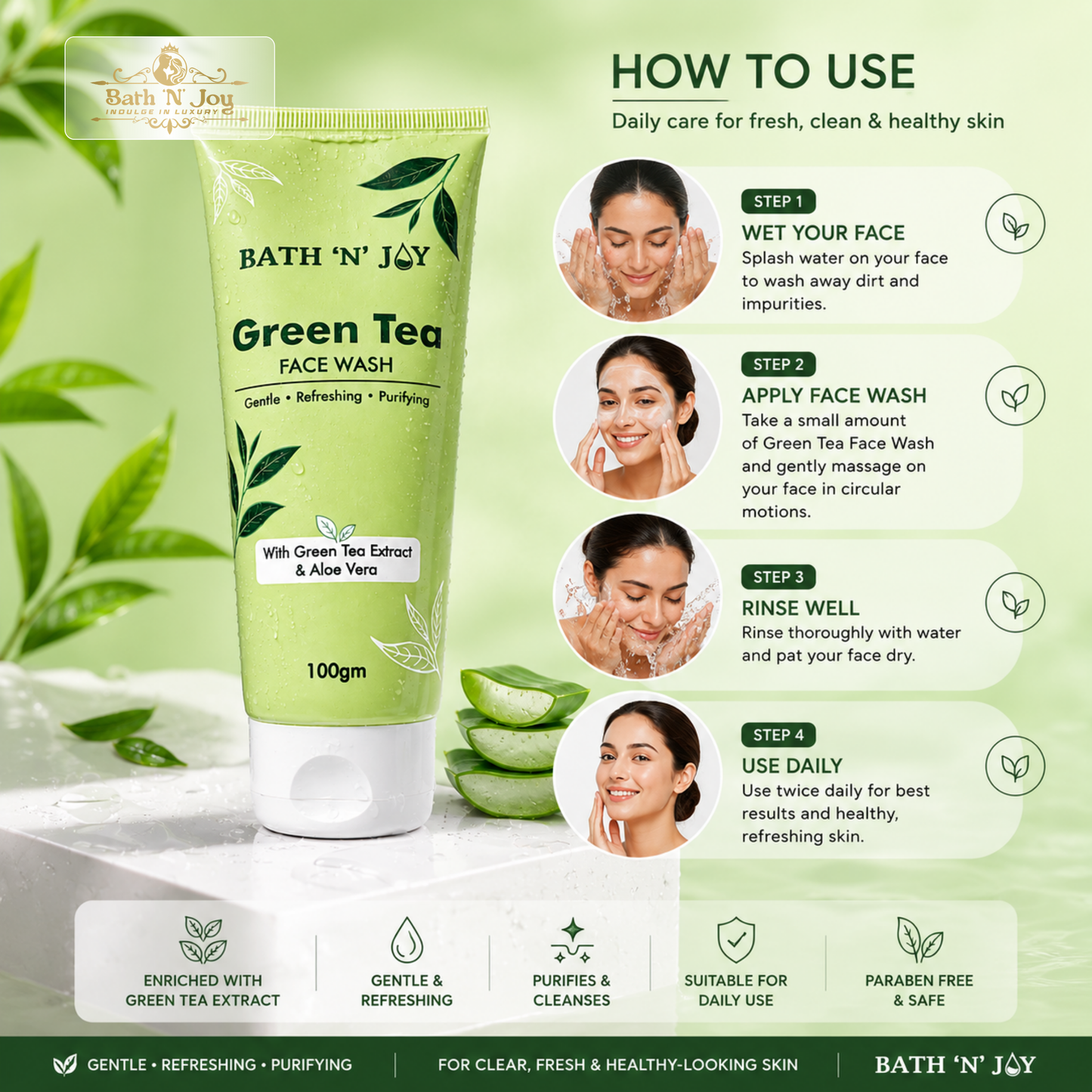 Bath 'N' Joy Green Tea Face Wash | Gentle Refreshing & Purifying Cleanser