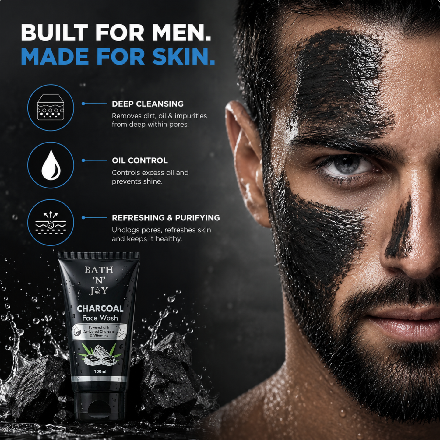 Bath 'N' Joy Charcoal Face Wash | Deep Cleansing & Oil Control Face Cleanser